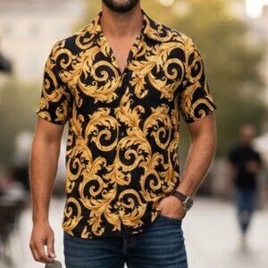 VERSACE 1010103 Men's Baroque Black And Gold Poly Shirt, IT48 (Med)